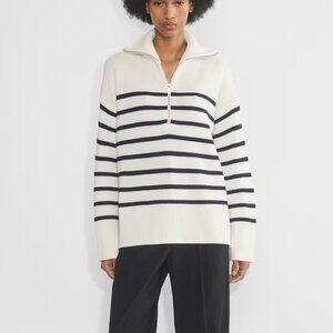 The Cashmere Project 100% Cashmere Quarter Zip Sweater Stripes Cream Navy Medium